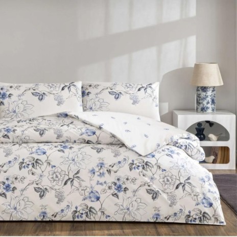 Lenjerie de pat dublu bumbac 100% ranforce, design cu flori albastre, TAC, Luna Mavi