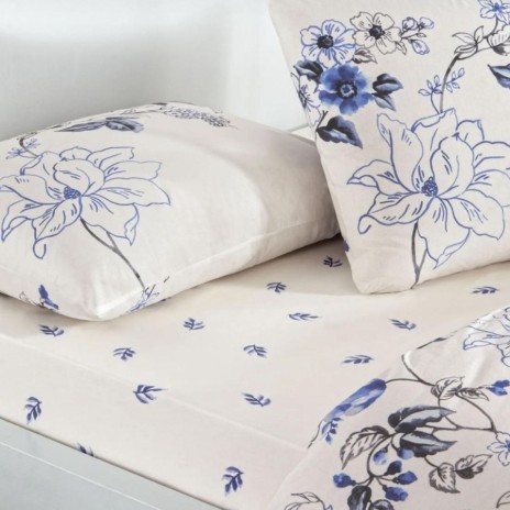 Lenjerie de pat dublu bumbac 100% ranforce, design cu flori albastre, TAC, Luna Mavi
