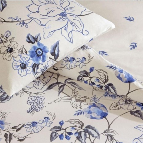 Lenjerie de pat dublu bumbac 100% ranforce, design cu flori albastre, TAC, Luna Mavi