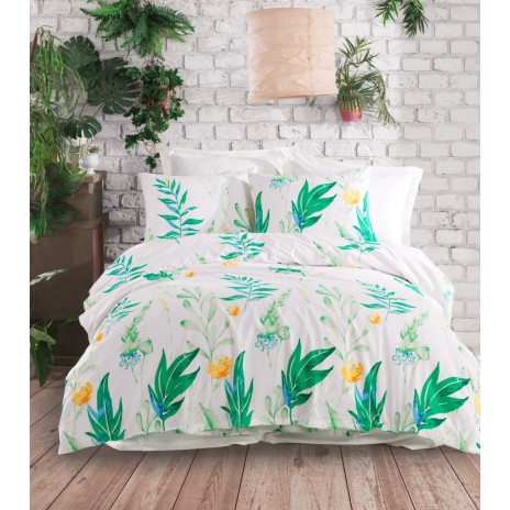 Lenjerie de pat dublu bumbac 100% ranforce cu design de frunze și flori în nuanțe de verde, galben și alb, set de 4 piese