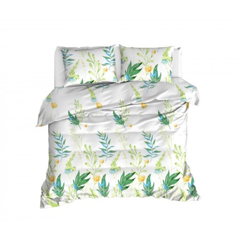 Lenjerie de pat dublu bumbac 100% ranforce cu design de frunze și flori în nuanțe de verde, galben și alb, set de 4 piese