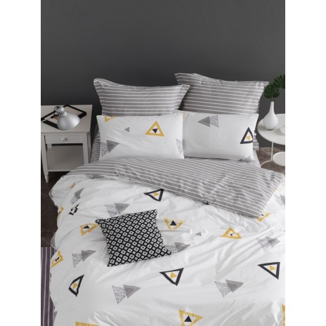 Lenjerie de pat dublu bumbac 100% ranforce cu design geometric în nuanțe de alb, gri și galben, set de 4 piese