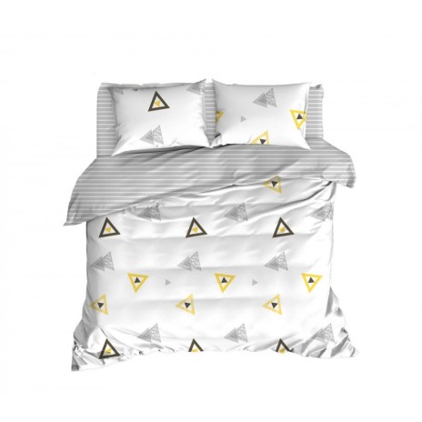 Lenjerie de pat dublu bumbac 100% ranforce cu design geometric în nuanțe de alb, gri și galben, set de 4 piese