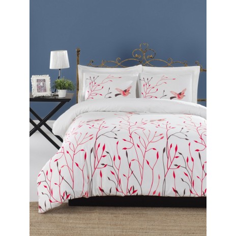 Lenjerie de pat dublu bumbac 100% ranforce cu design floral și păsări în nuanțe de roz și alb, set de 4 piese