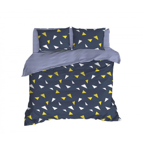 Lenjerie de pat dublu bumbac 100% ranforce cu design geometric în nuanțe de bleumarin, galben și alb, set de 4 piese