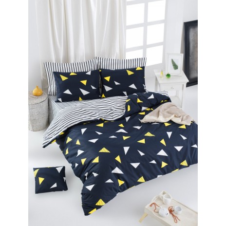Lenjerie de pat dublu bumbac 100% ranforce cu design geometric în nuanțe de bleumarin, galben și alb, set de 4 piese