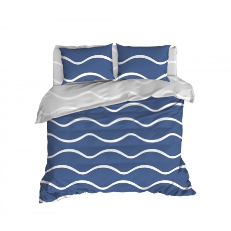 Lenjerie de pat dublu bumbac 100% ranforce cu design de linii curbe în nuanțe de albastru și alb, set de 4 piese