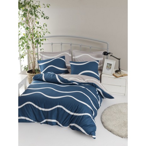 Lenjerie de pat dublu bumbac 100% ranforce cu design de linii curbe în nuanțe de albastru și alb, set de 4 piese