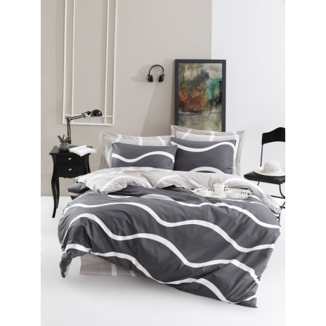Lenjerie de pat dublu bumbac 100% ranforce cu design de linii curbe în nuanțe de gri și alb, set de 4 piese