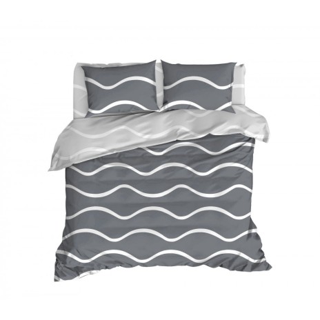 Lenjerie de pat dublu bumbac 100% ranforce cu design de linii curbe în nuanțe de gri și alb, set de 4 piese