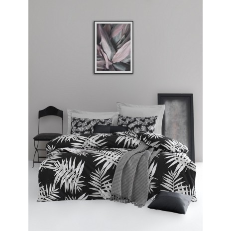 Lenjerie de pat dublu bumbac 100% ranforce cu design de frunze în nuanțe de negru și alb, set de 4 piese