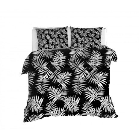 Lenjerie de pat dublu bumbac 100% ranforce cu design de frunze în nuanțe de negru și alb, set de 4 piese