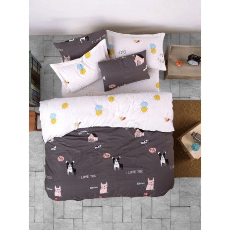 Lenjerie de pat dublu bumbac 100% ranforce cu design de căței și mesaje de dragoste, set de 4 piese