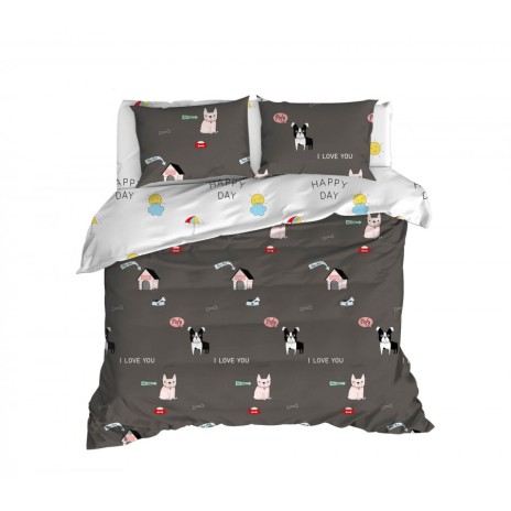 Lenjerie de pat dublu bumbac 100% ranforce cu design de căței și mesaje de dragoste, set de 4 piese