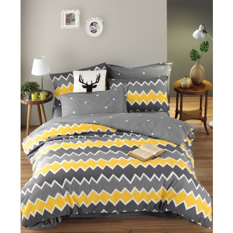 Lenjerie de pat dublu bumbac 100% ranforce cu design zigzag galben, gri și alb, set de 4 piese