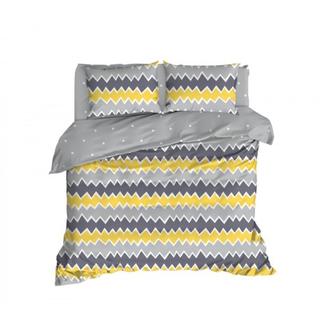 Lenjerie de pat dublu bumbac 100% ranforce cu design zigzag galben, gri și alb, set de 4 piese