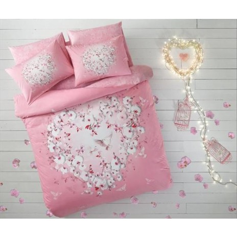 Lenjerie de pat dublu bumbac 100% ranforce fosforescentă TAC Orkide cu design floral roz.