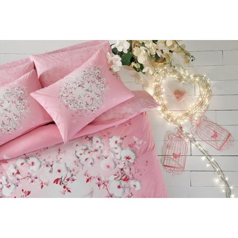 Lenjerie de pat dublu bumbac 100% ranforce fosforescentă TAC Orkide cu design floral roz.