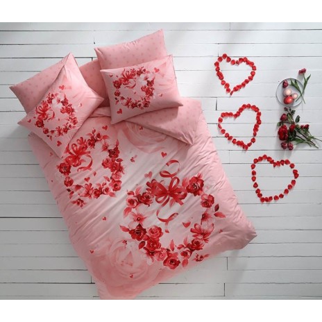 Lenjerie de pat dublu fosforescentă cu design romantic de trandafiri și inimioare roșii pe fundal roz, bumbac 100% ranforce