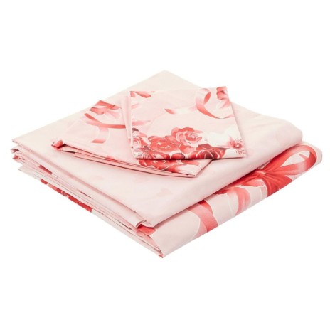 Lenjerie de pat dublu fosforescentă cu design romantic de trandafiri și inimioare roșii pe fundal roz, bumbac 100% ranforce