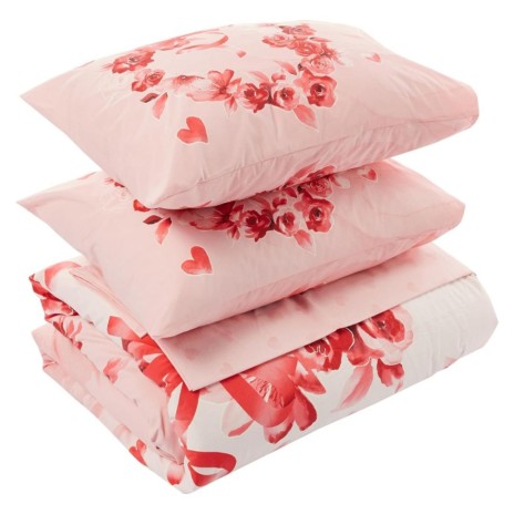 Lenjerie de pat dublu fosforescentă cu design romantic de trandafiri și inimioare roșii pe fundal roz, bumbac 100% ranforce