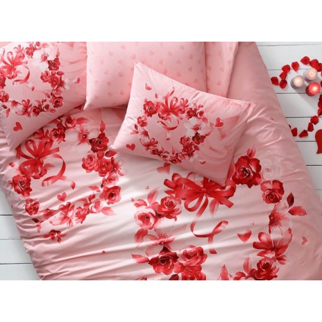 Lenjerie de pat dublu fosforescentă cu design romantic de trandafiri și inimioare roșii pe fundal roz, bumbac 100% ranforce