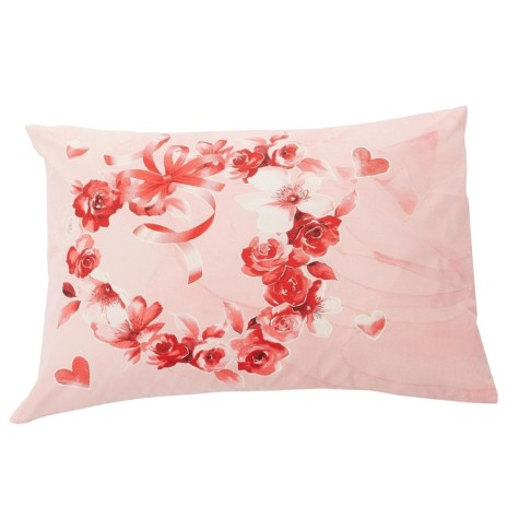 Lenjerie de pat dublu fosforescentă cu design romantic de trandafiri și inimioare roșii pe fundal roz, bumbac 100% ranforce