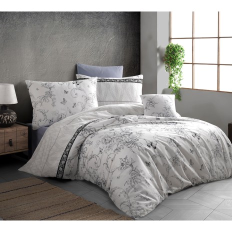 Set lenjerie de pat floral alb și gri, bumbac 100% Ranforce, cu imprimeu de fluturi