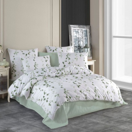 Lenjerie de pat dublu bumbac 100% ranforce model Antonia cu design vegetal în nuanțe de verde și alb