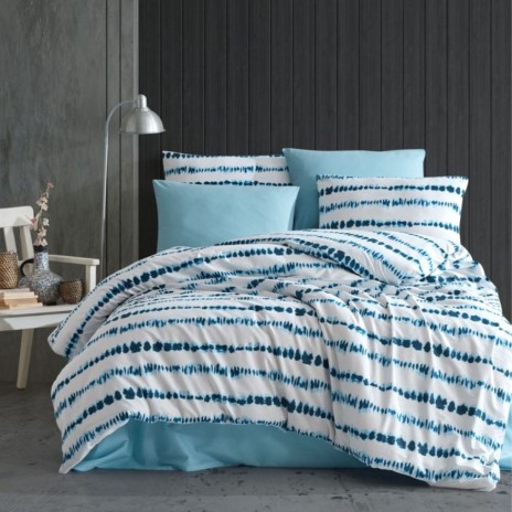 Lenjerie de pat dublu bumbac 100% ranforce model Batic cu design modern în nuanțe de albastru și alb