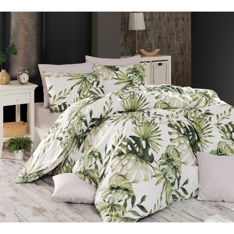 Set lenjerie de pat botanic verde și alb, bumbac 100% Ranforce, cu imprimeu de frunze botanice