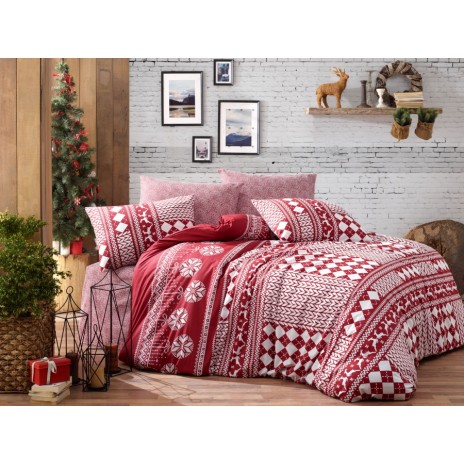Lenjerie de pat dublu bumbac 100% Ranforce Deer Claret Red cu design festiv în nuanțe de roșu și alb și motive de iarnă