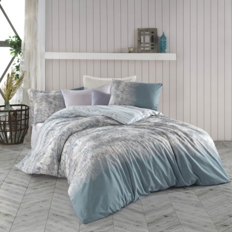 Lenjerie de pat dublu bumbac 100% ranforce model Dreamo cu design abstract în nuanțe de gri și albastru