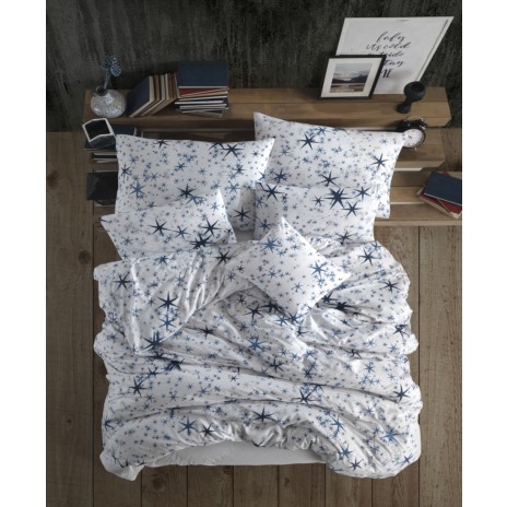 Set lenjerie de pat cu stele alb și albastru, bumbac 100% Ranforce