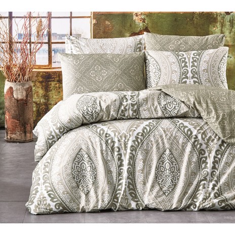 Lenjerie de pat dublu Nazenin Home, bumbac 100% ranforce, design floral bej-alb