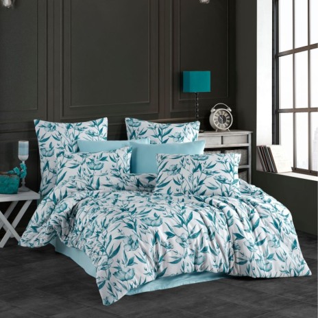 Lenjerie de pat dublu bumbac 100% ranforce model Girasol Mint cu design vegetal în nuanțe de mint și alb