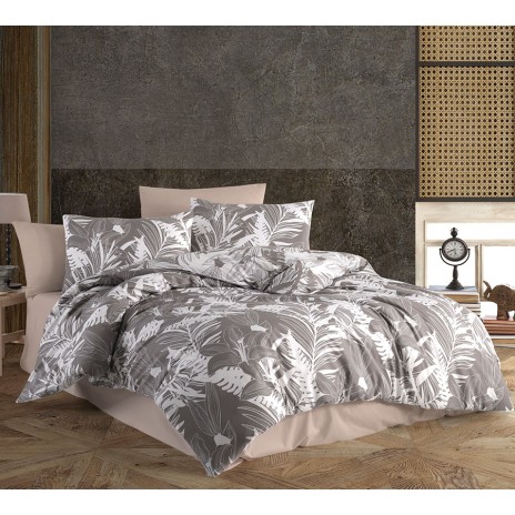 Lenjerie de pat model tropical cu frunze albe pe fundal gri, pat dublu, din bumbac 100% ranforce, Nazenin Home Gloris