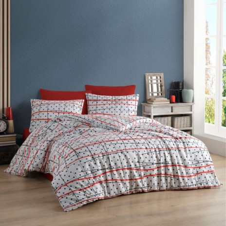 Lenjerie de pat dublu bumbac 100% ranforce model Lara cu design modern în nuanțe de roșu, negru și alb