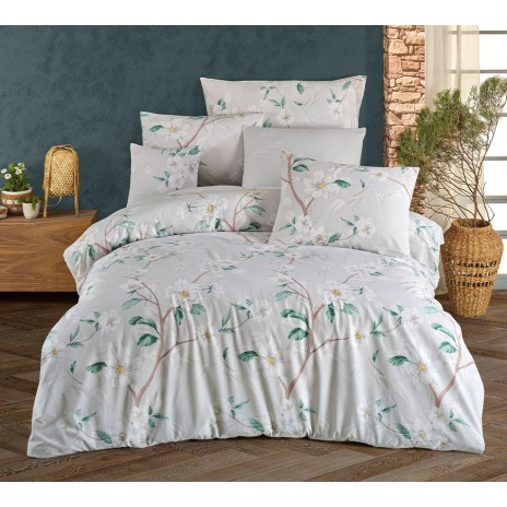 Lenjerie de pat model floral cu flori albe și frunze verzi pe fundal alb, pat dublu, din bumbac 100% ranforce, Nazenin Home Laris