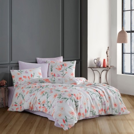 Lenjerie de pat dublu bumbac 100% ranforce model Laura cu design floral în nuanțe de roz și verde