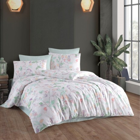 Lenjerie de pat dublu bumbac 100% ranforce model Milena cu design floral pastelat
