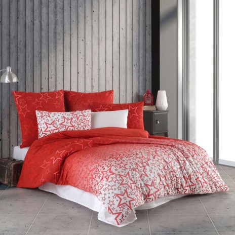Lenjerie de pat dublu bumbac 100% ranforce model Miracle Red cu design stelar în nuanțe de roșu și alb
