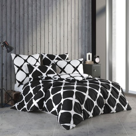 Lenjerie de pat dublu bumbac 100% ranforce model Noir cu design geometric în alb și negru