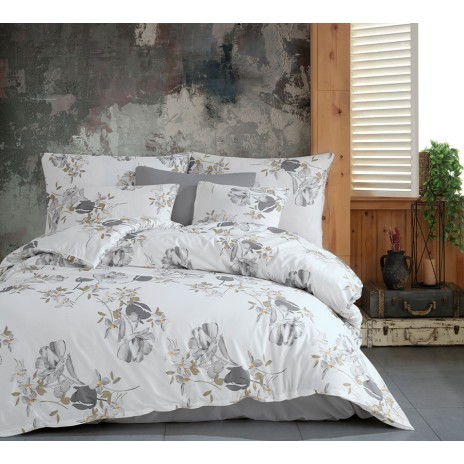 Lenjerie de pat model floral cu flori gri și galbene pe fundal alb, pat dublu, din bumbac 100% ranforce, Nazenin Home Parlin