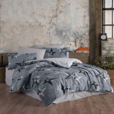 Lenjerie de pat dublu bumbac 100% ranforce model Starlife cu design de stele pe fundal gri texturat