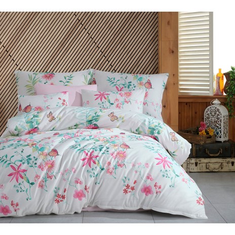 Set lenjerie de pat floral și fluturi roz, verde și alb, bumbac 100% Ranforce