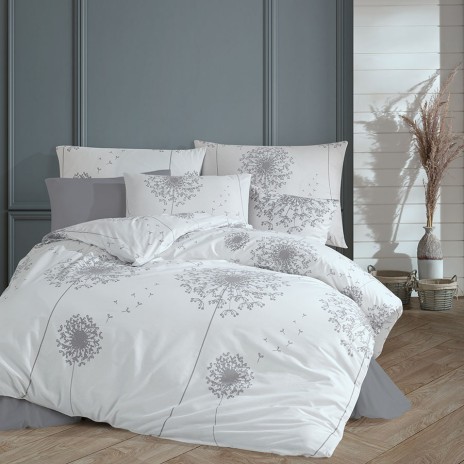 Lenjerie de pat model păpădii gri pe fundal alb, pat dublu, din bumbac 100% ranforce, Nazenin Home Willow