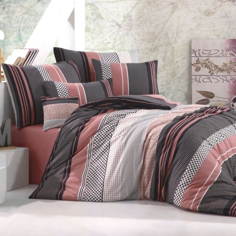 Lenjerie de pat dublu bumbac 100% ranforce model Zigo Rose cu design modern în nuanțe de roz și negru