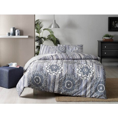Lenjerie de pat dublu din bumbac 100% ranforce, model Abel, cu design floral și geometric în nuanțe de gri și alb.
