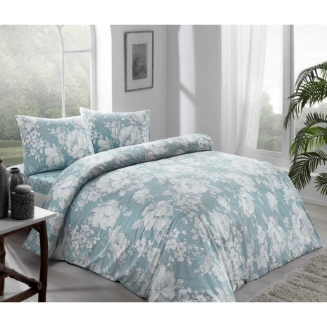 Lenjerie de pat dublu din bumbac 100% ranforce cu design floral elegant în nuanțe de albastru deschis și alb